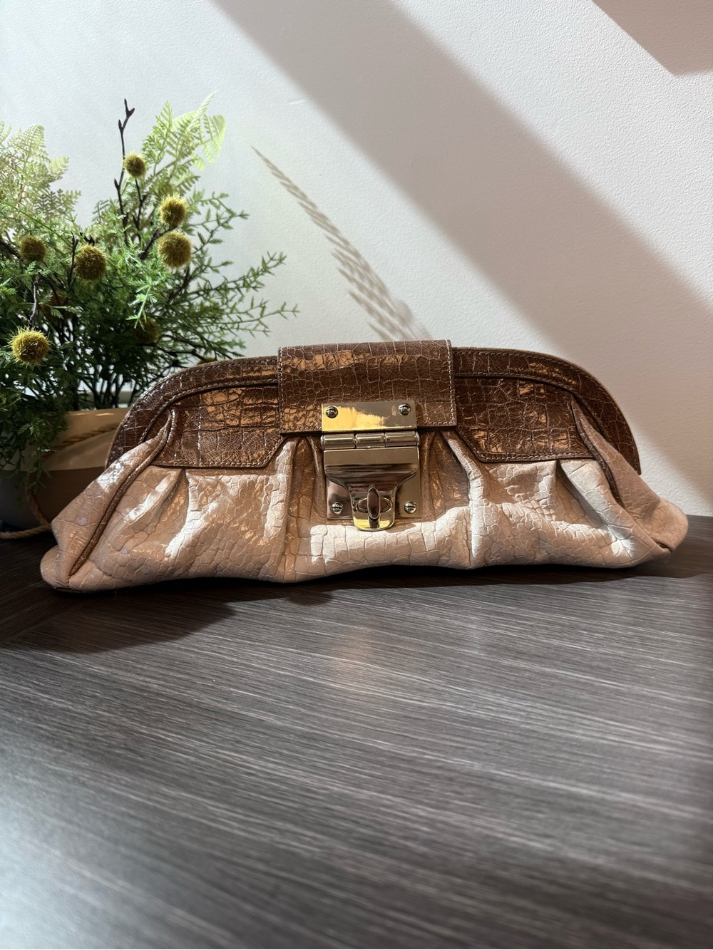 Alexis Hudson Brown & Beige Croc Embossed Leather Clutch | Clasp & Zip | Lined